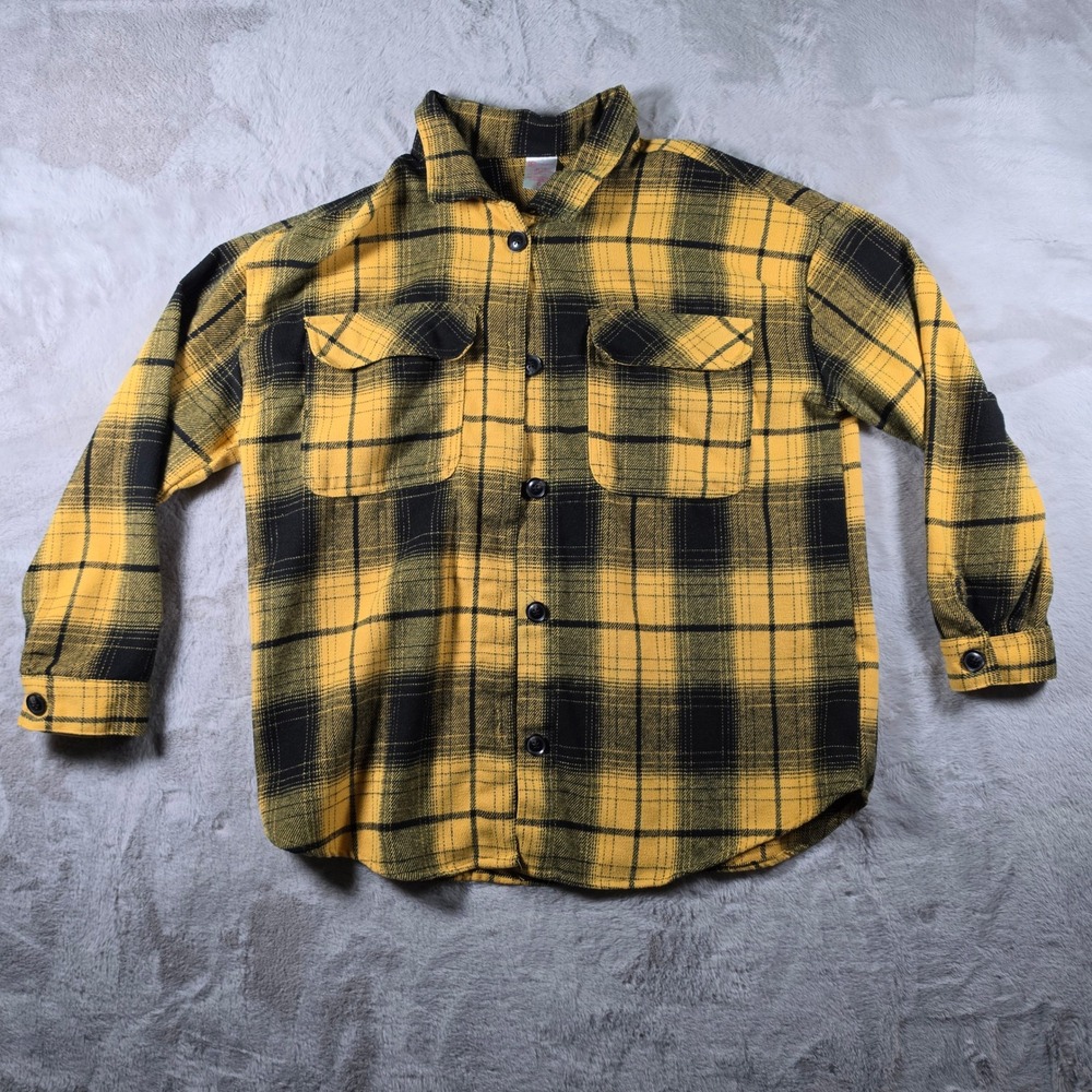 No Boundaries Plaid Button Down Women XL Yellow Black Grunge Oversized Shirt